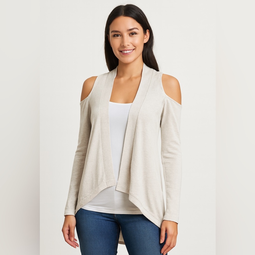 Halston Heritage Cream Open-Shoulder Cardigan